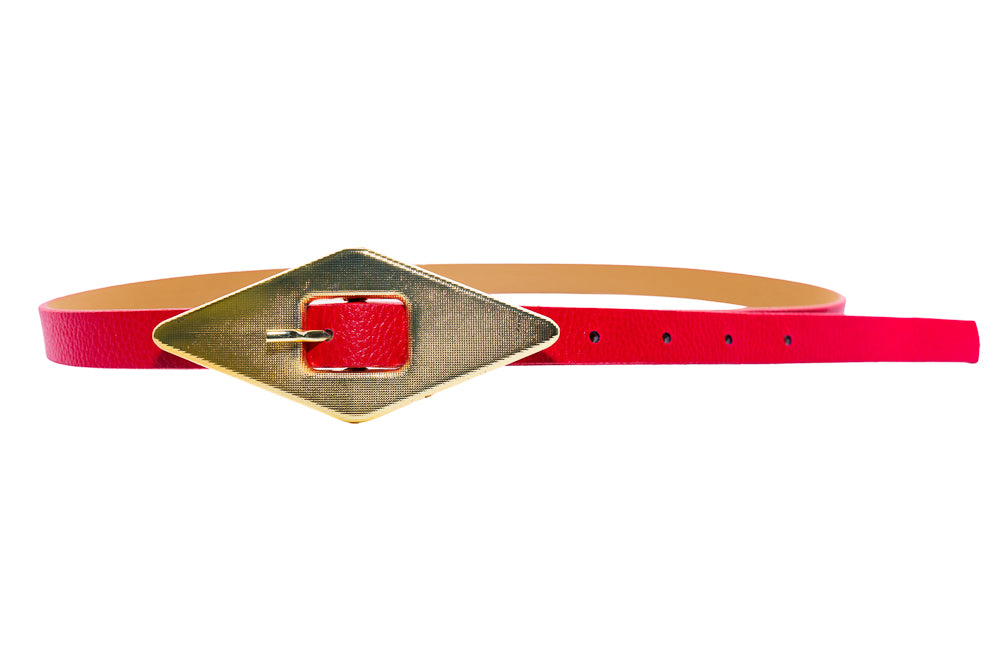Rosie Red Skinny Belt with Gold Geometric Buckle