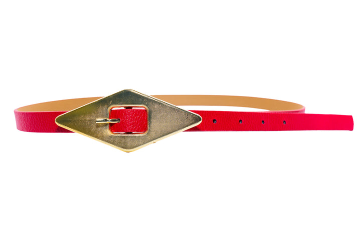 Rosie Red Skinny Belt with Gold Geometric Buckle