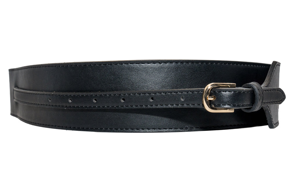 Elaine Black leather Look Belt with Gold Buckle