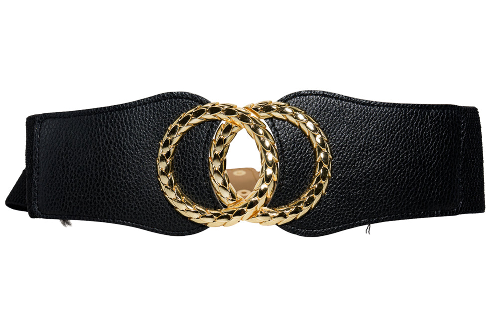 Sandra Black Wide Stretch Belt with Double Gold Ring Buckle