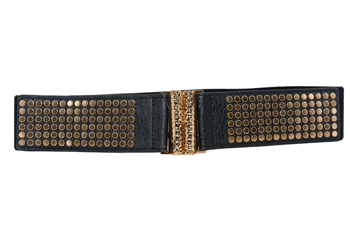 Sally Black Studded Stretch Waist Belt with Gold Buckle
