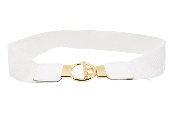 Gina White Stretch Waist Belt with Gold Buckle