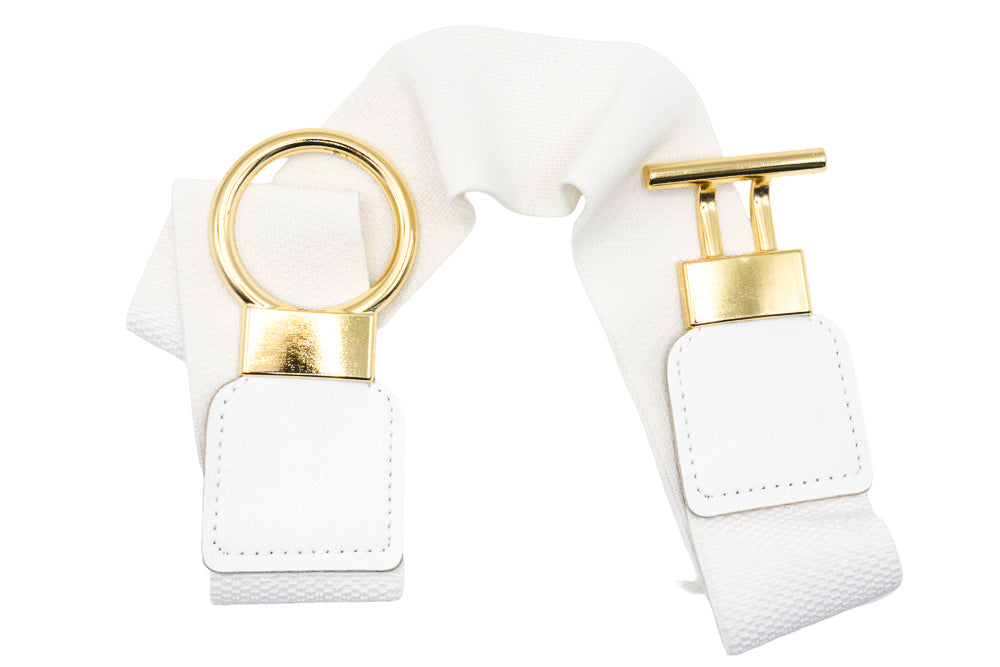 Gina White Stretch Waist Belt with Gold Buckle