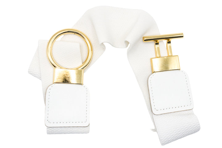 Gina White Stretch Waist Belt with Gold Buckle