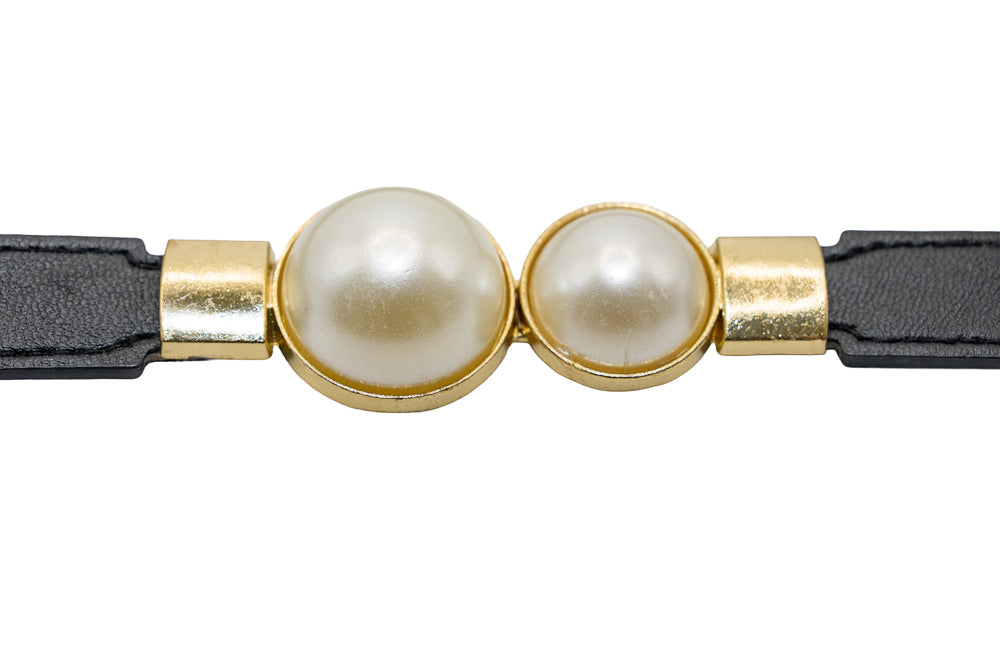 Pamela Navy Double Pearl Elastic Waist Belt