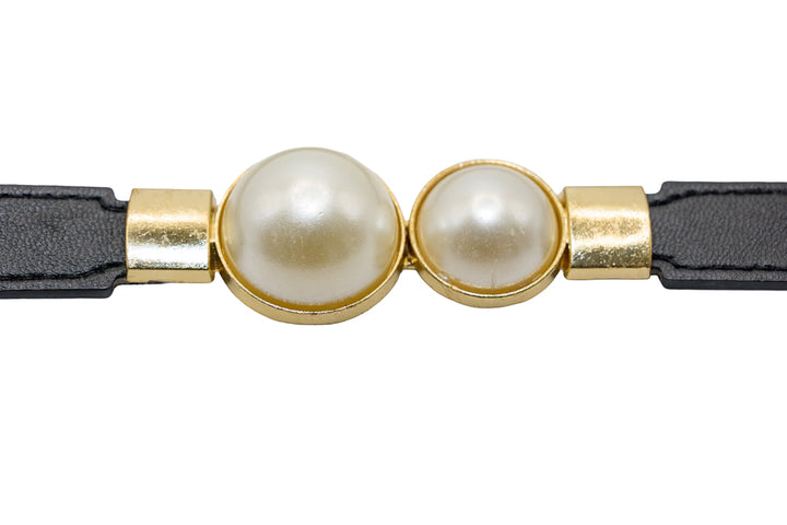 Pamela Navy Double Pearl Elastic Waist Belt