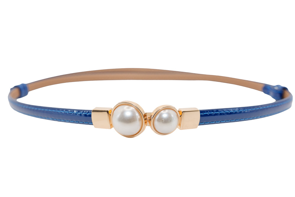 Pamela Royal Blue Pearl Buckle Slim Belt