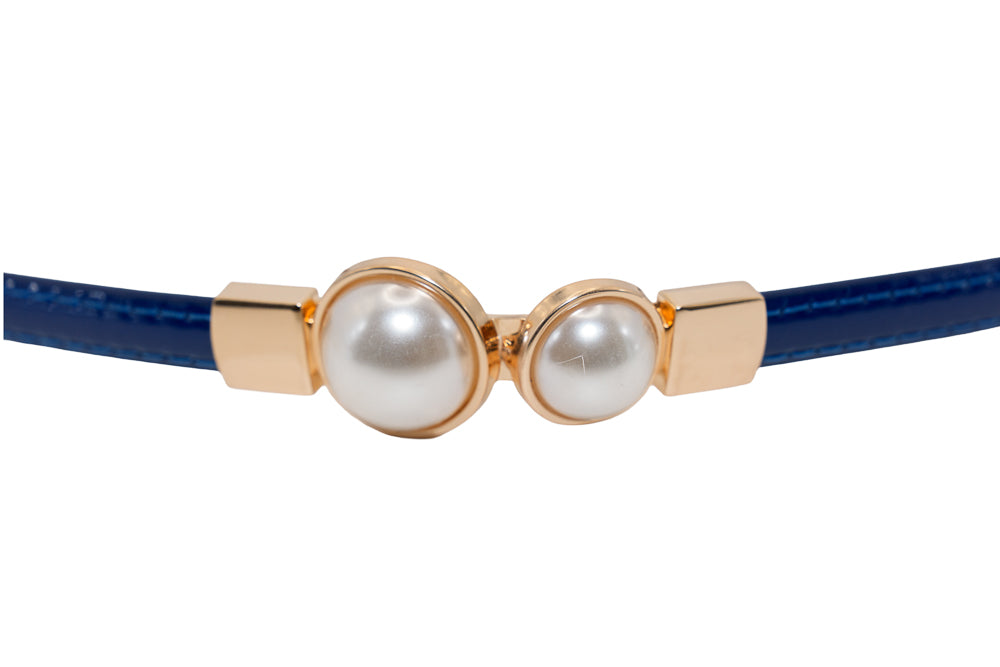 Pamela Royal Blue Pearl Buckle Slim Belt