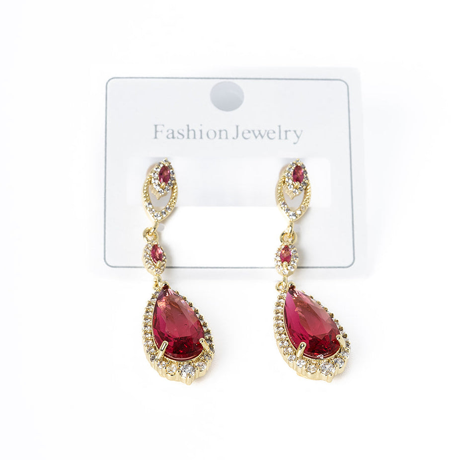 Red teardrop earrings on a 'Fashion Jewelry' card against a white background