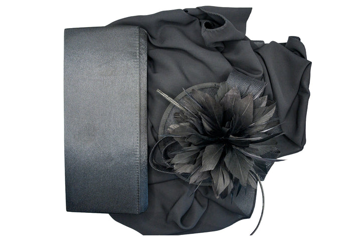 Fiona Black Occasion Bundle – Matching Fascinator, Satin Handbag & Chiffon Pashmina Set