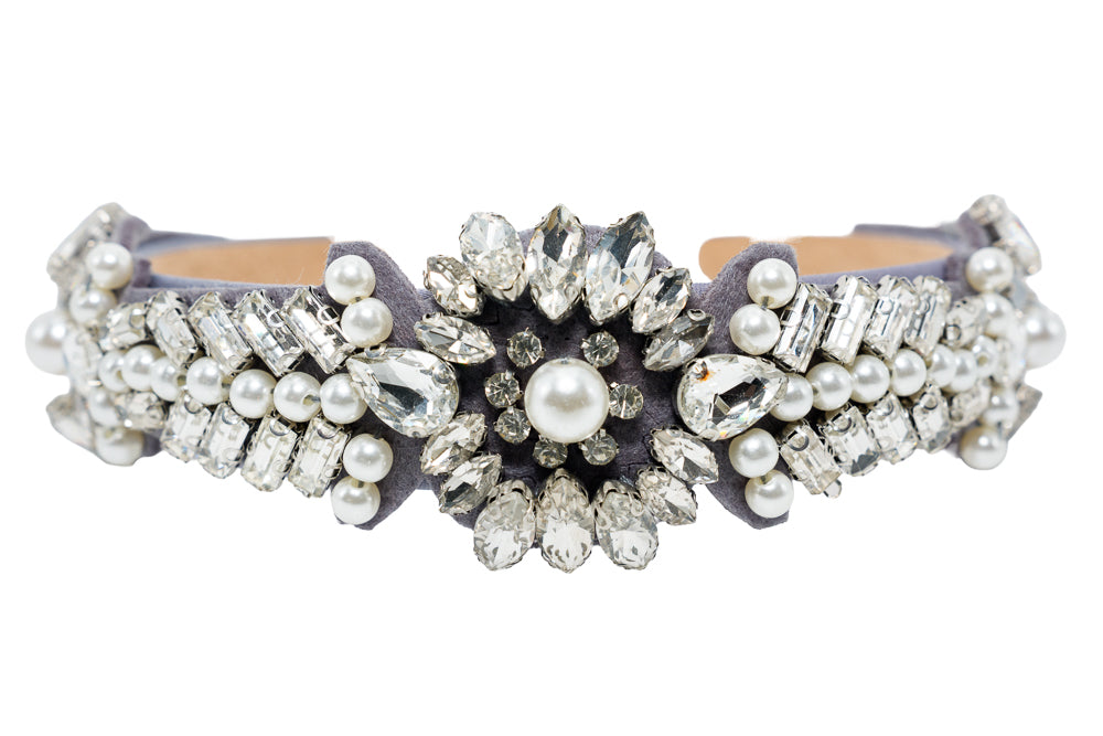 Lara Luxury Grey Velvet Crystal & Pearl Embellished Hairband
