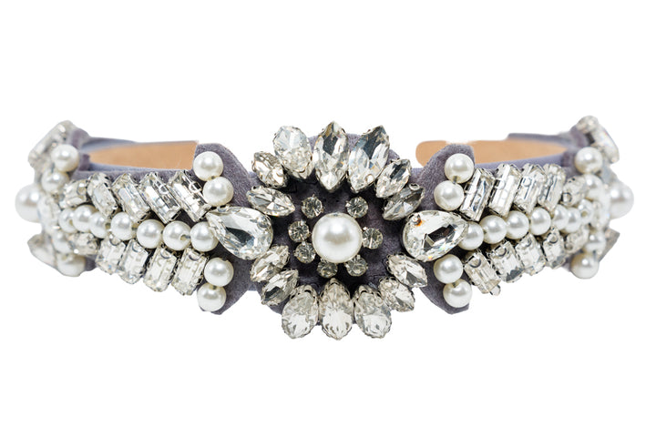 Lara Luxury Grey Velvet Crystal & Pearl Embellished Hairband