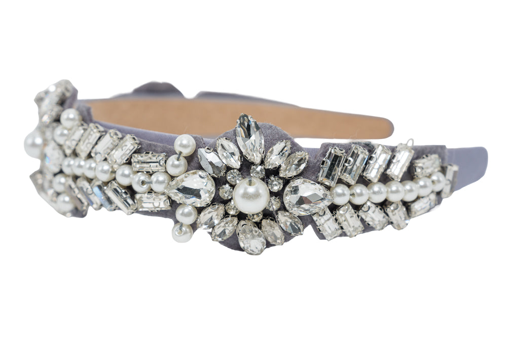 Lara Luxury Grey Velvet Crystal & Pearl Embellished Hairband