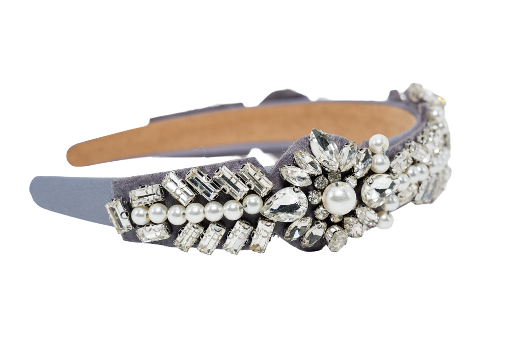 Lara Luxury Grey Velvet Crystal & Pearl Embellished Hairband