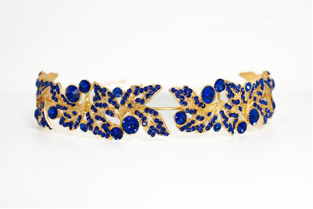 Jane Royal Blue Crystal Leaf Headband