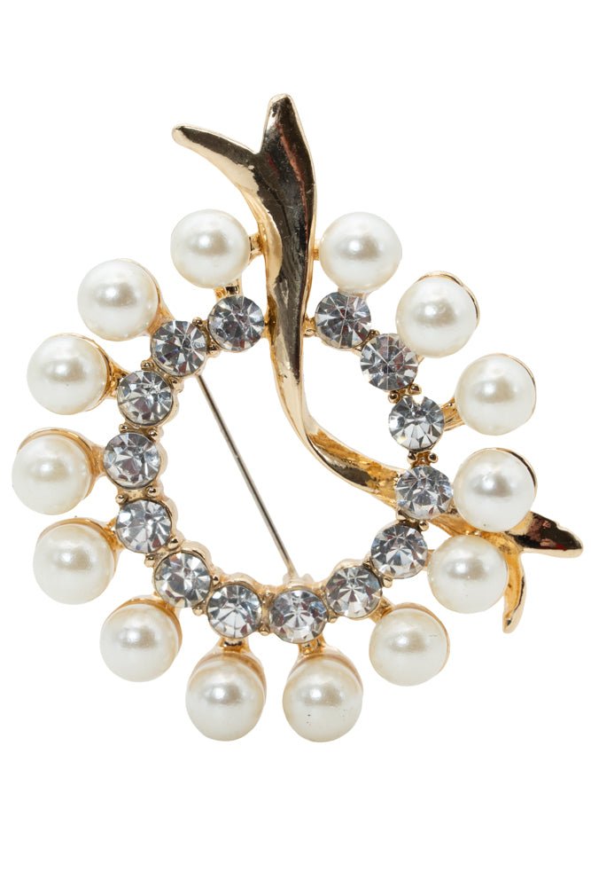 Robyn Vintage Gold Pearl & Crystal Wreath Brooch Pin