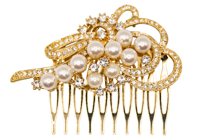 Megan Gold Pearl & Crystal Floral Hair Comb Wedding Hair Accessory