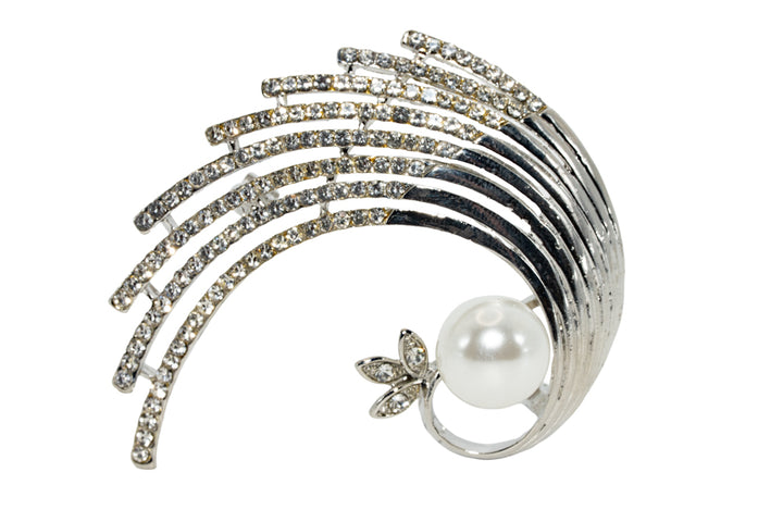 Finola Silver Crystal & Pearl Fan Design Brooch Pin