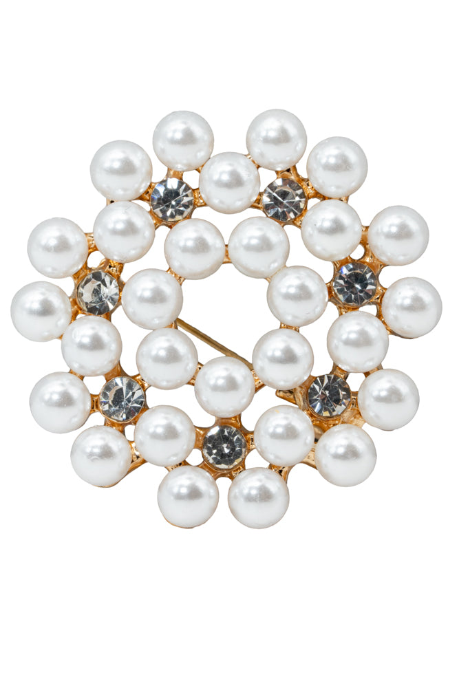 Helen Elegant Faux Pearl & Crystal Circle Brooch