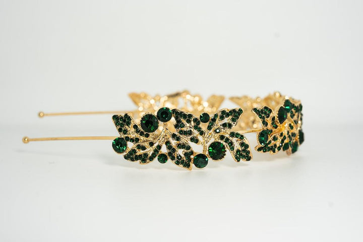 Jane Crystal Leaf Headband – Gold with Emerald Green Accents