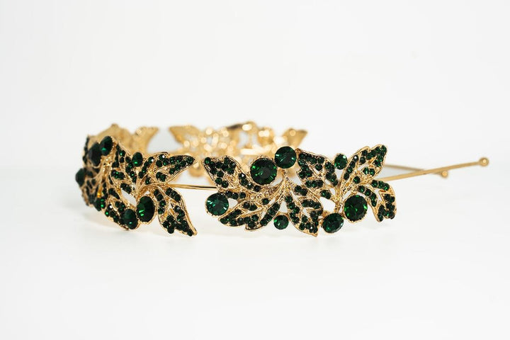 Jane Crystal Leaf Headband – Gold with Emerald Green Accents