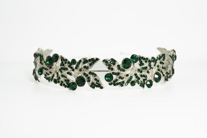 Silver Leaf Crystal Headband – Emerald Green