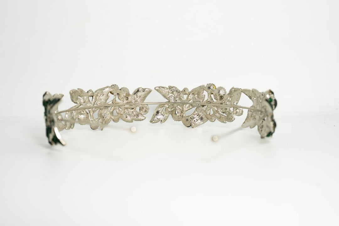 Silver Leaf Crystal Headband – Emerald Green