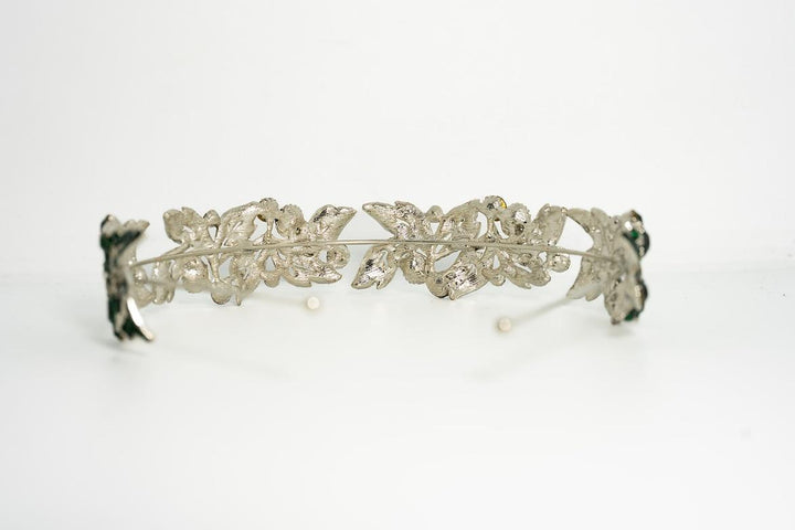 Silver Leaf Crystal Headband – Emerald Green