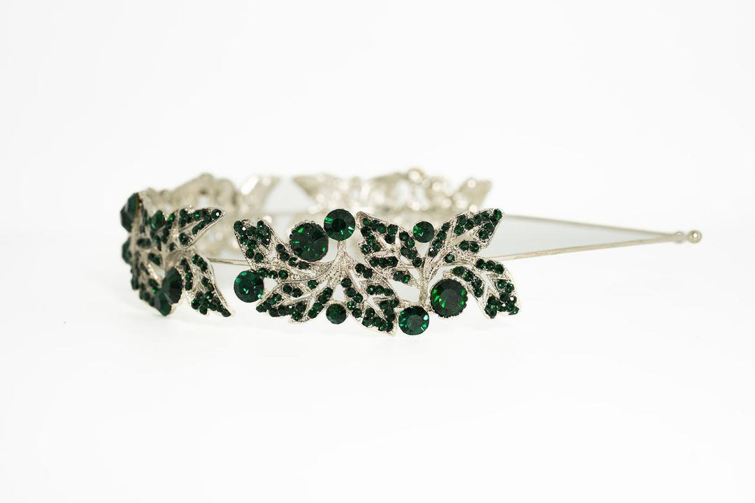 Silver Leaf Crystal Headband – Emerald Green
