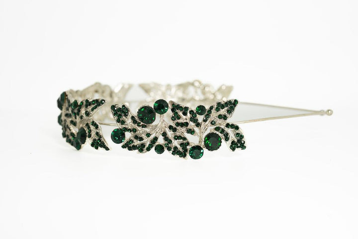 Silver Leaf Crystal Headband – Emerald Green