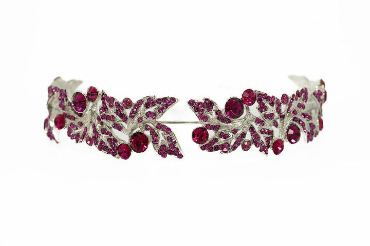 Jane Elegant Crystal Leaf Headband – Silver with Fuchsia Accents