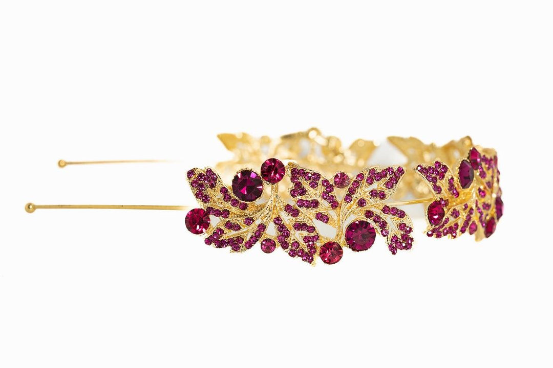 Jane Fushia Gold Leaf Crystal Headband