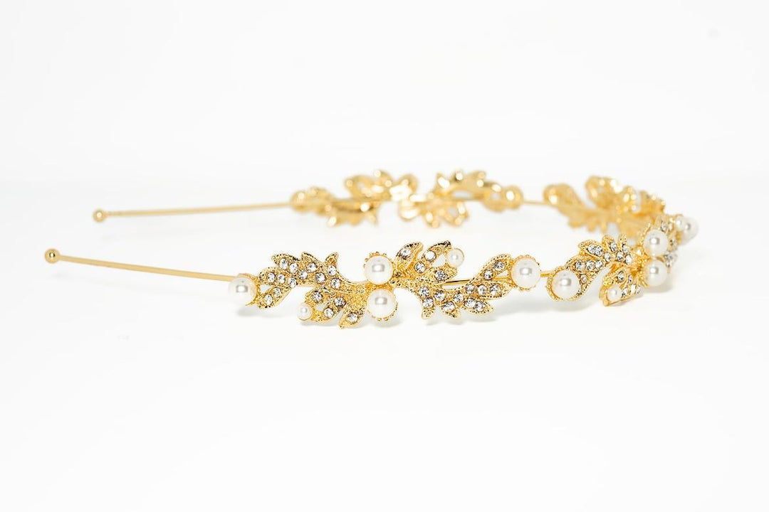Gold Pearl & Crystal Leaf Headband