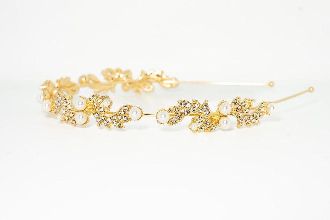 Gold Pearl & Crystal Leaf Headband