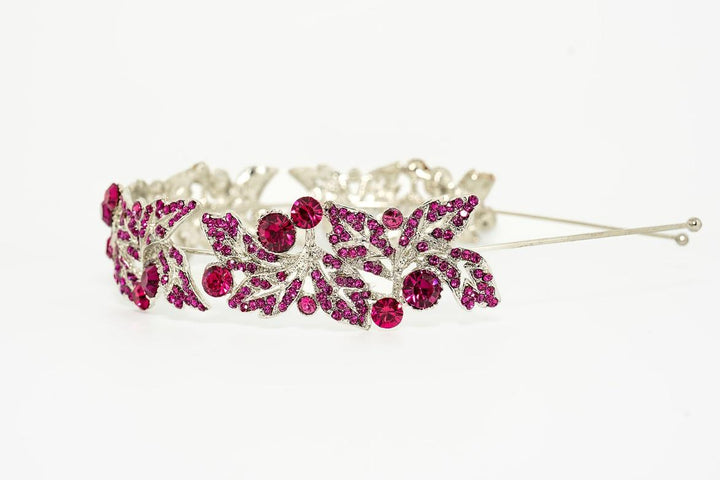 Jane Elegant Crystal Leaf Headband – Silver with Fuchsia Accents