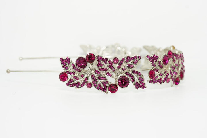 Jane Elegant Crystal Leaf Headband – Silver with Fuchsia Accents