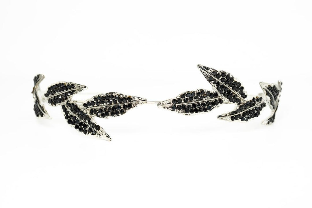 Silver Leaf Crystal Headband – Black