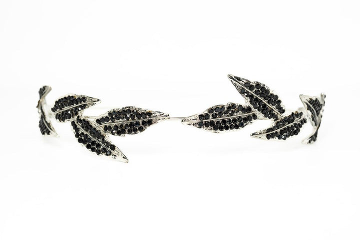 Silver Leaf Crystal Headband – Black