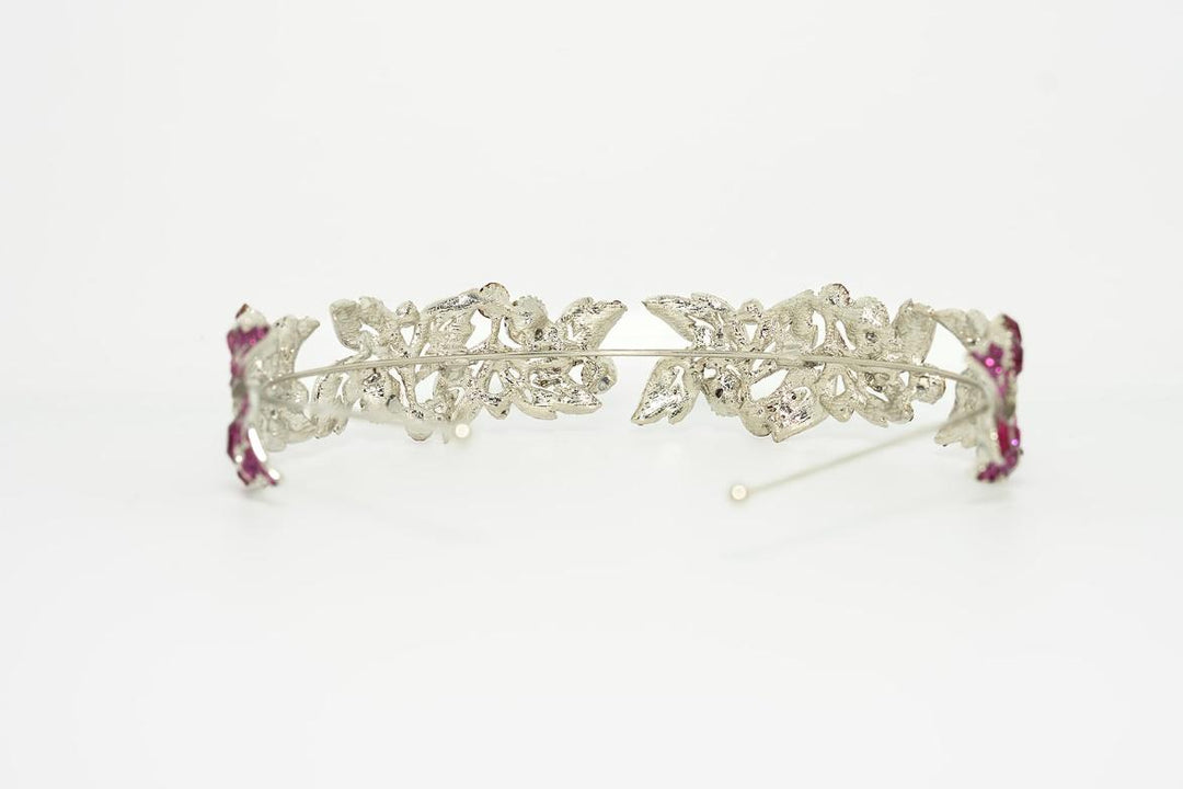 Jane Elegant Crystal Leaf Headband – Silver with Fuchsia Accents