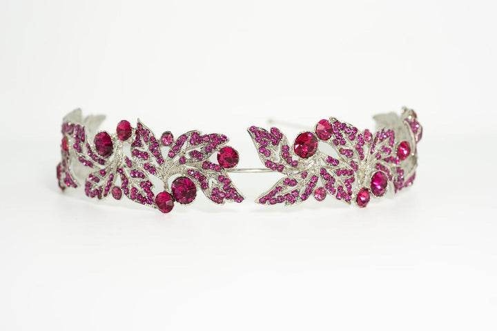 Jane Elegant Crystal Leaf Headband – Silver with Fuchsia Accents