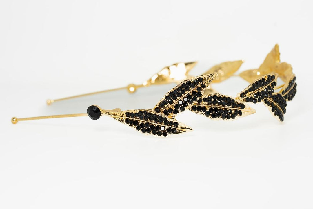 Gold Leaf Crystal Headband – Black