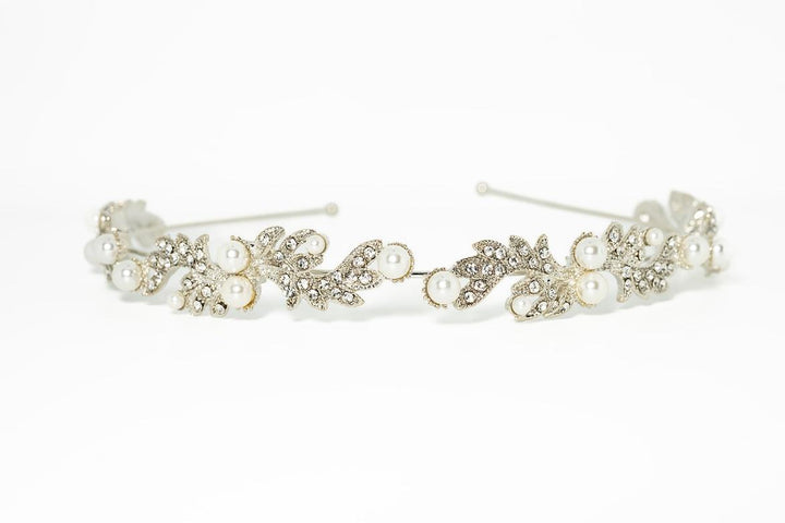 Silver Pearl & Crystal Leaf Headband