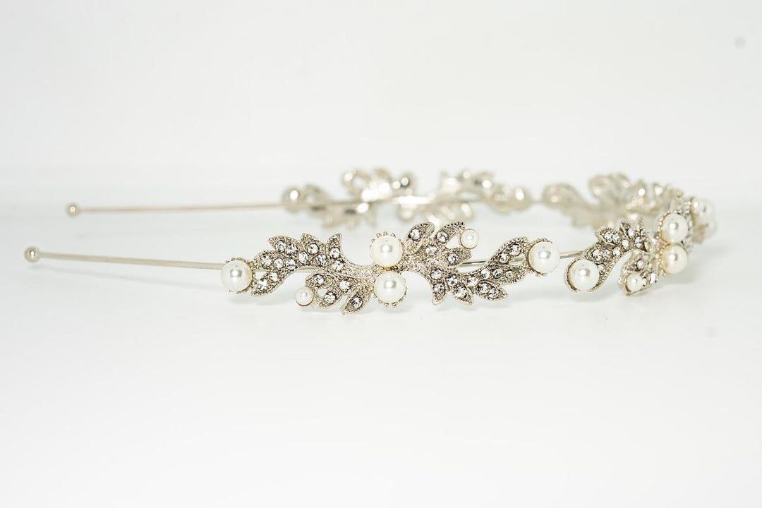 Silver Pearl & Crystal Leaf Headband