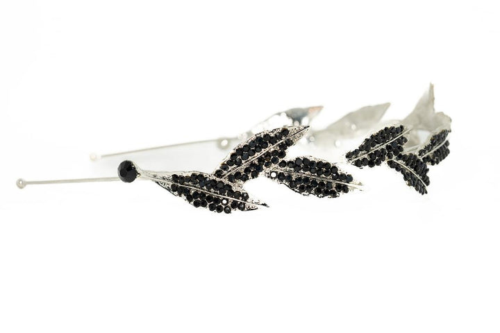 Silver Leaf Crystal Headband – Black