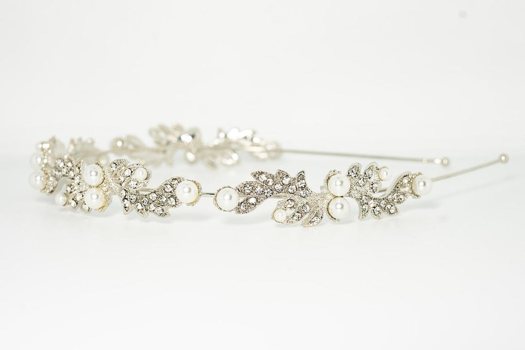 Silver Pearl & Crystal Leaf Headband