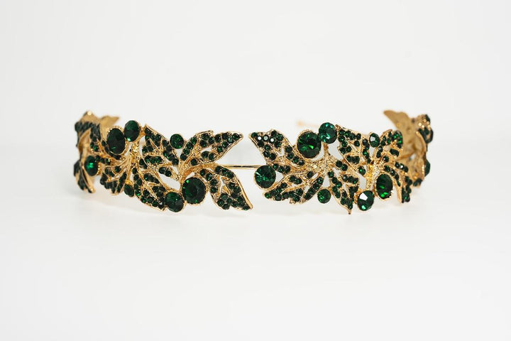 Jane Crystal Leaf Headband – Gold with Emerald Green Accents